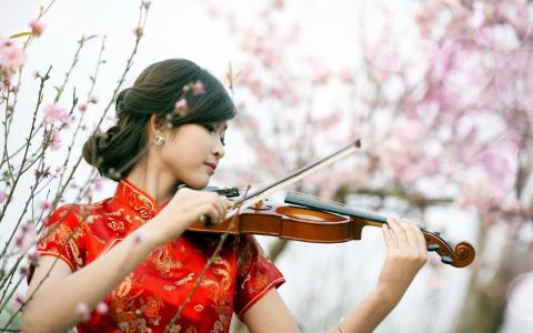 红色旗袍女孩玩小提琴壁纸