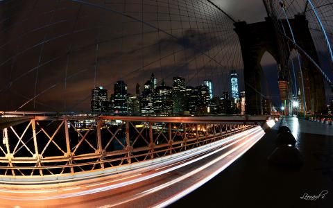 纽约建筑摩天大楼桥鱼眼尕夜灯高清壁纸