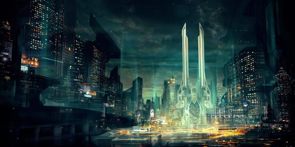 未来派，城市，架构，夜，灯壁纸