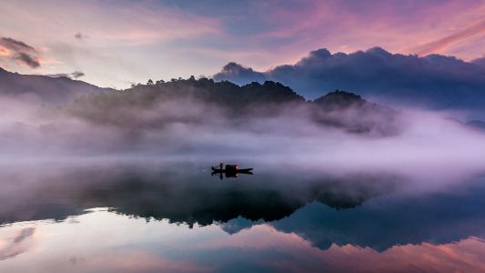 Dongjiang, river, boat, morning, fog, mountains, water reflection, China nature wallpaper