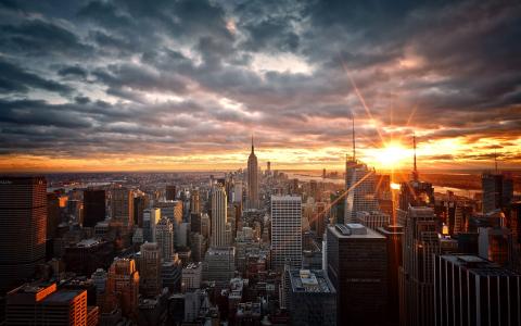 曼哈顿，纽约，美国，摩天楼，黎明，日出壁纸