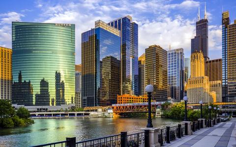 芝加哥，伊利诺伊州，美国，河，桥，摩天大楼壁纸