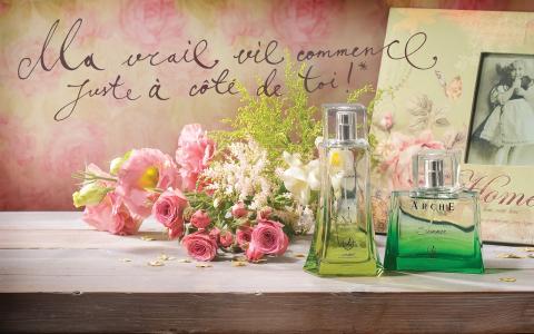 桌面上的静物，香水，粉红玫瑰，相框壁纸