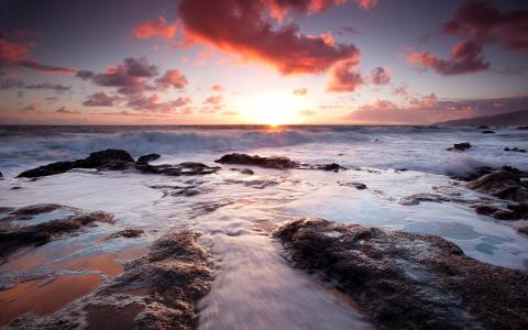 日落海洋海滩云岩石高清壁纸