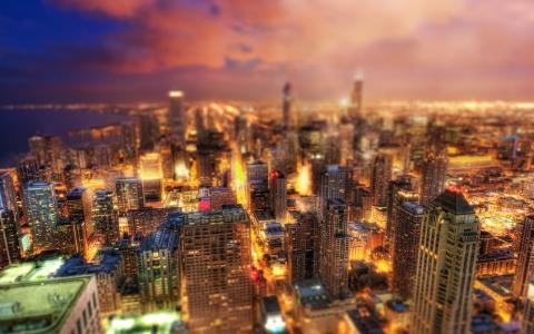 芝加哥，伊利诺伊州，美国，美丽的城市夜景，摩天大楼，灯光壁纸
