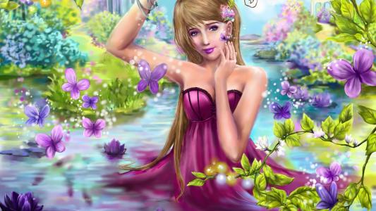 美丽的紫色连衣裙梦幻女孩在水，蝴蝶，花卉壁纸