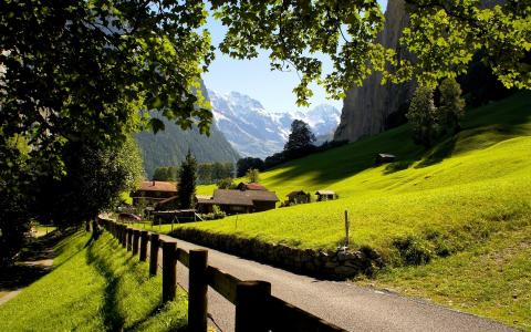 瑞士，劳特布龙嫩，少女峰，城市，山脉，阿尔卑斯山的壁纸