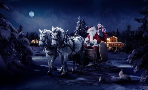 圣诞老人，雪橇，女孩，马，树，晚上，圣诞节，袋，礼物壁纸