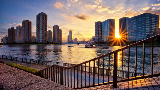 东京，日本，河流，摩天大楼，桥梁，日落壁纸