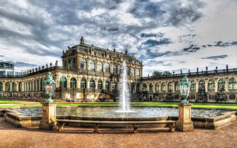 茨温格宫、德累斯顿、德国、房子、喷泉、云壁纸