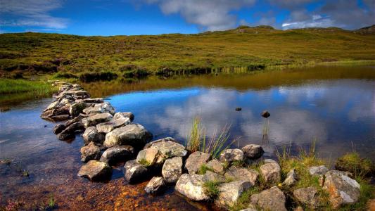 苏格兰，黄昏，小山，河流，石头，云彩壁纸