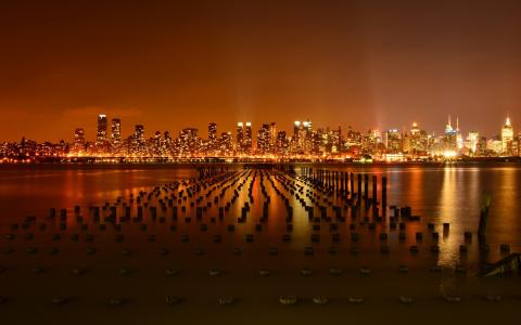 纽约市，美国，码头，哈德逊河，夜晚，摩天大楼，灯光壁纸