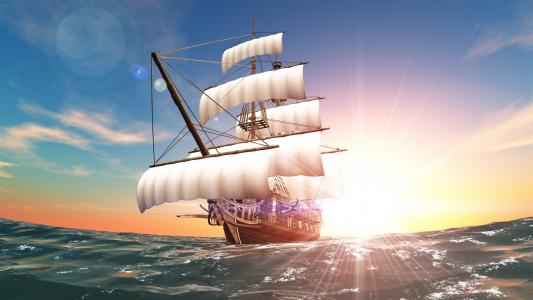 太阳光线，海，帆，船壁纸