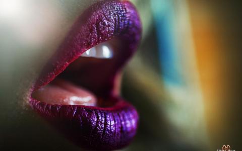 妇女，嘴唇，口红，紫色壁纸