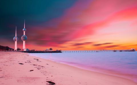 科威特塔，日落，桥，海滩，海岸壁纸