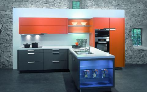 橙色和灰色的厨房家具壁纸