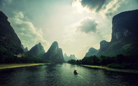 Mountains，云，石，河，船，越南风景壁纸