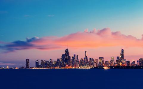美国，伊利诺伊州，芝加哥，密歇根湖，建筑物，晚上，天空，云壁纸
