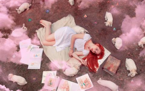 红头发的女孩，书籍，兔子，烟雾壁纸