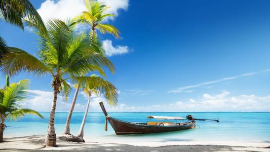 泰国，海滩，棕榈树，海洋，船壁纸