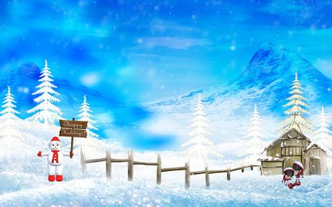 圣诞快乐美丽的雪景壁纸