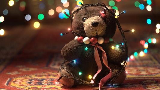 泰迪熊与圣诞灯高清壁纸