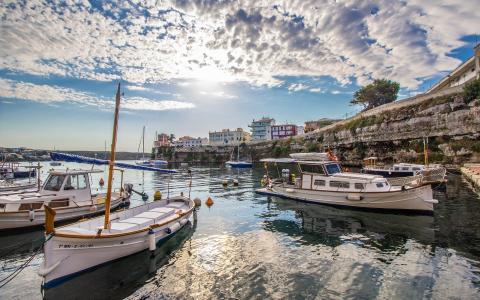 Menorca, boats, dock, houses, sea, clouds, Spain wallpaper