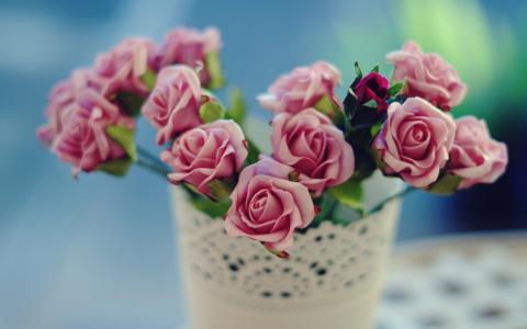 粉红色的玫瑰，花瓶，鲜花，模糊背景壁纸