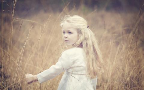 可爱的小女孩，金发，风，草壁纸