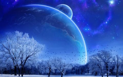 地球景观冬天月亮鸟数字艺术壁纸
