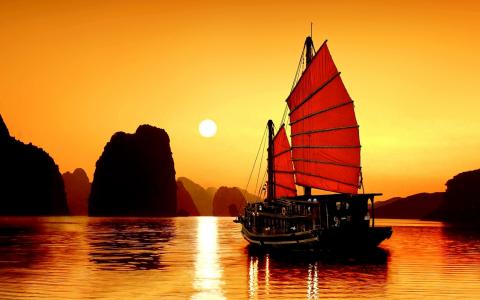 帆船，沿着海湾，湖，日落，地平线，景观，亚洲，惊人，越南，晚上，世界壁纸