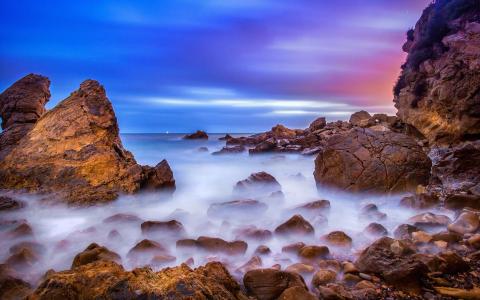 加利福尼亚州，美国，海滩，岩石，日出，海洋，黎明壁纸