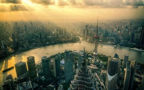 上海，中国，城市，摩天大楼，塔，河，黎明，日出壁纸