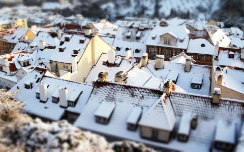 建筑物雪冬季倾斜移位镇高清壁纸
