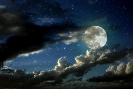 满月，星星，云，阴影壁纸