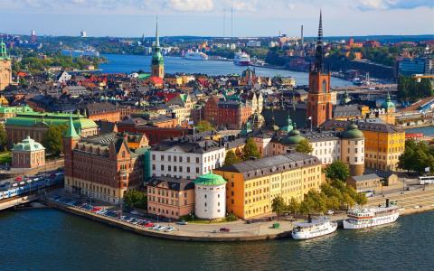 瑞典，斯德哥尔摩，城市，码头，建筑物，船壁纸
