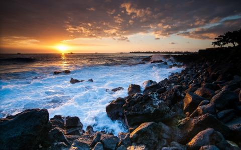 夏威夷海洋日落，岩石，海岸壁纸