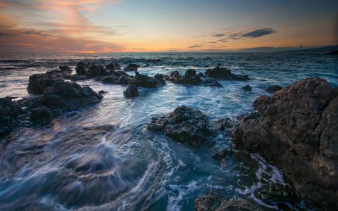 夏威夷风光，海，岩石，日落壁纸
