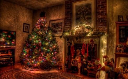 树，圣诞节，度假，花环，壁炉，玩具，丝袜壁纸