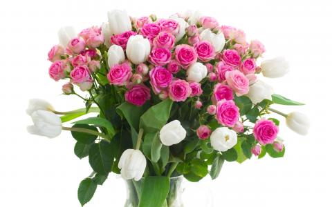 花瓶，鲜花，粉红色的玫瑰，白色的郁金香壁纸