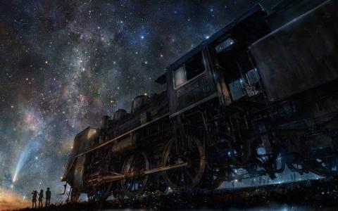 火车，天空，星星，夜晚，男孩，女孩壁纸