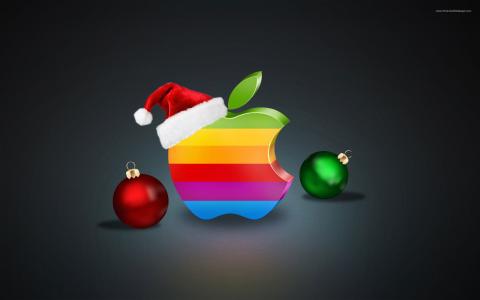 彩虹色苹果图案、圣诞球和帽子壁纸