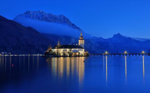 奥地利，格蒙登，特劳恩湖，山，房子，蓝色，天空，夜晚的壁纸