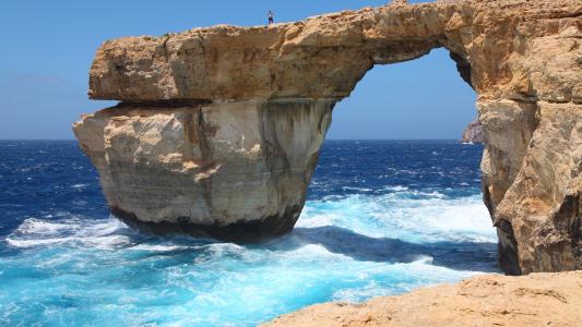 马耳他岛，蔚蓝的窗户，大海，海岸，海浪壁纸