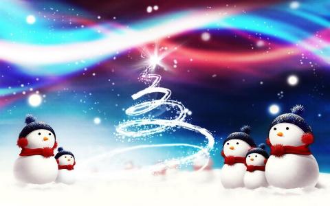 新的一年，圣诞节，雪人，属性，枞树，剪影壁纸