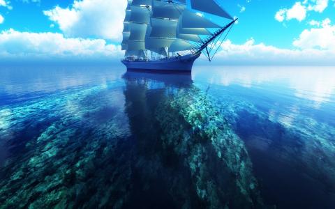 3D帆船蓝色的大海壁纸