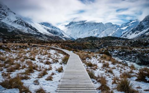 奥拉基库克山国家公园，新西兰，山，雪，路径壁纸