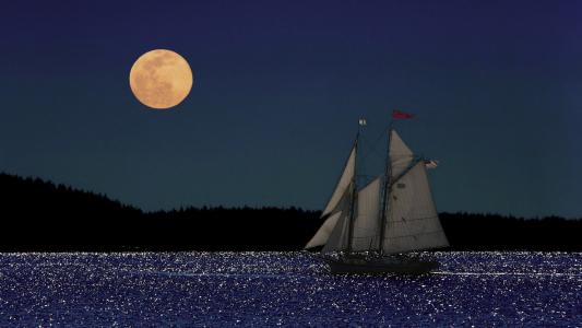 月亮夜船帆船海洋高清壁纸