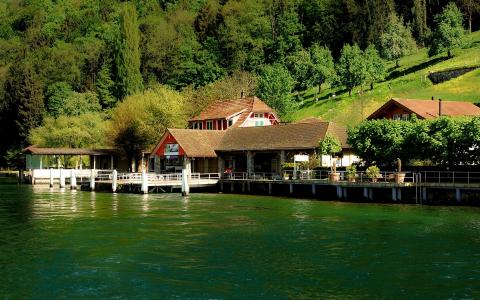 瑞士，布尔根斯托克，琉森湖，码头，房屋，斜坡，树木的壁纸