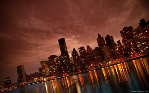 曼哈顿纽约灯反射壁纸